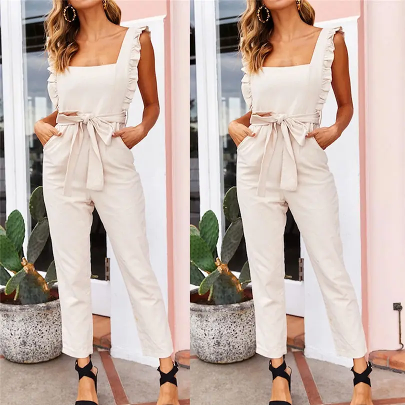 New Women's Summer Fashion Casual Linen Shirred Frill Sleeves Pockets Jumpsuit Ladies Belted Summer Holiday #4A25 (4)