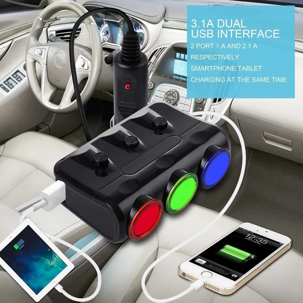 3 прикуривателя + светодиодный выключатель света автоматический USB автомобильный