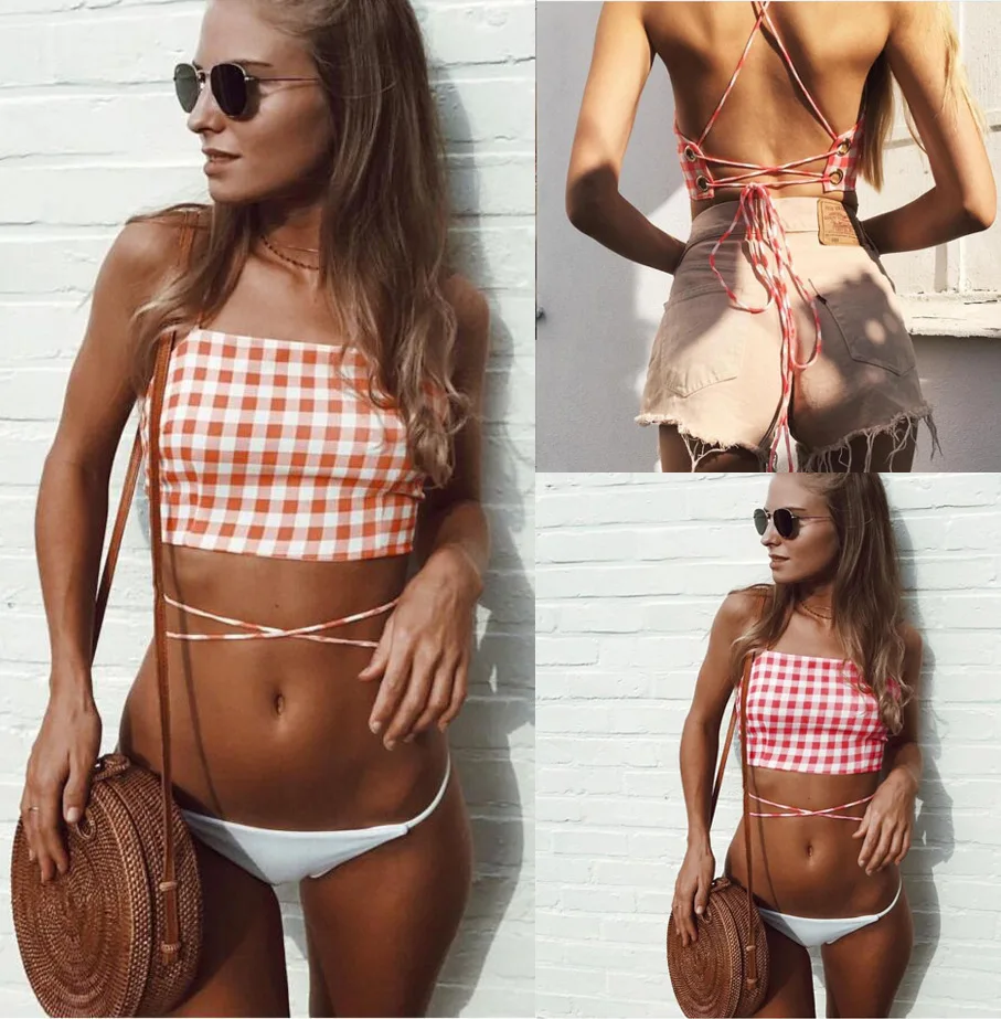 

2019 Sexy Plaid Bikinis Set Women Brazilian Padded Push-Up Bra Low Waist Bikini Bandage Swimsuit Swimwear