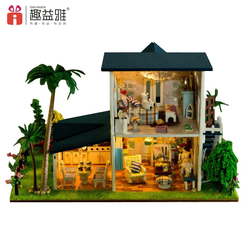 iiE CREATE 2018 New DIY 3D Toys Wooden Miniature With LED+Furniture+Cover Doll house room Toys for children Lover Gift (8)