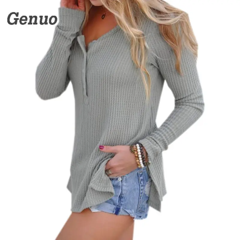 Knit Sweater Shirts Women Sexy Casual Solid Buttons Long Sleeve Sweaters Warm Winter Autumn Pullovers Side Split Tops Genuo