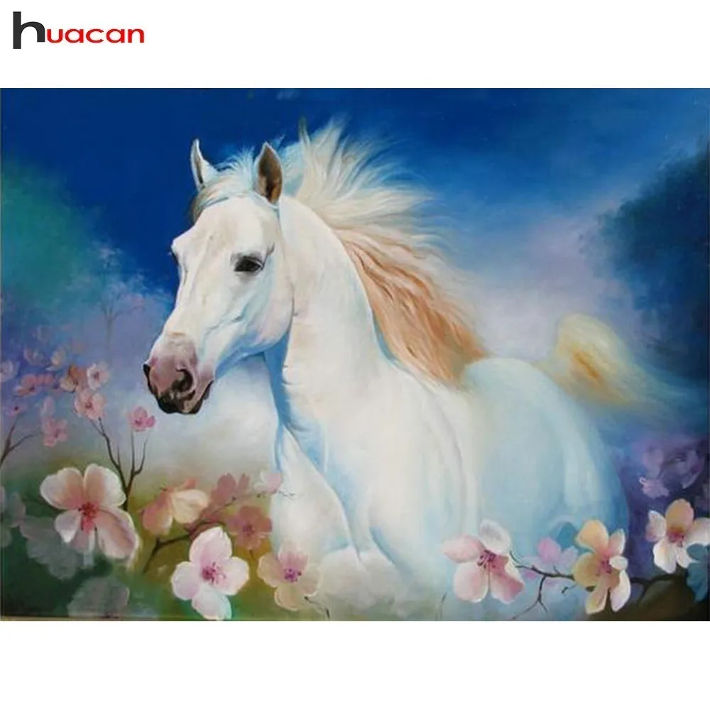 

HUACAN 5D DIY Diamond Mosaic White Horse Full Drill Square Cross Stitch Diamond Painting Animals Decoration Home