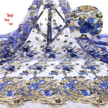 

African Mesh Laces Fabric 3D Flowers with Sequins Tulle Embroidery High Quality Nigerian French Net Lace Fabric 5Yards A2200