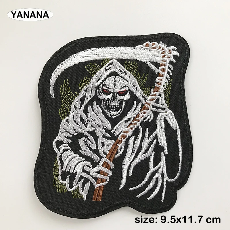

death skull head biker patches embroidery for iron on Clothing punk patch stick transfers applique jacket accessorie