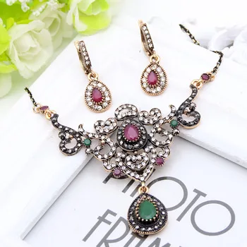 Vintage High Quality Women Flower Jewelry Sets Turkish Resin Earring&Necklace Drop Pendant Hollow Roll Grass Pattern Bijoux Gift