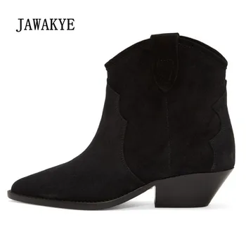 

2018 Retro Black Suede Ankle Boots Woman Pointed Toe Embroider Wedges Heel Boots Woman Chic Short Boots