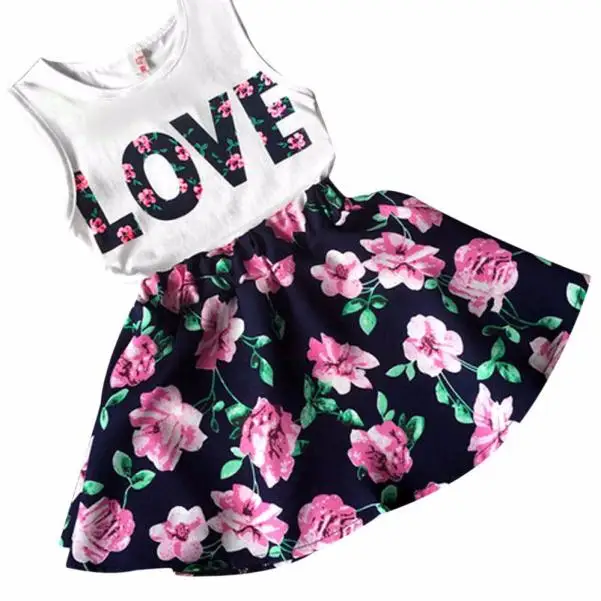 Жилет без рукавов с надписью «Love» для девочек комплект одежды с юбкой с цветочным принтом Модные Детские платья для девочек