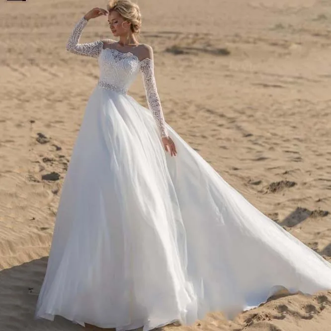 

Vestido De Noiva New Sexy A Line Illusion O Neck Long Sleeve Lace Appliques Wedding Dresses 2019 Bridal Gowns Robe De Mariage