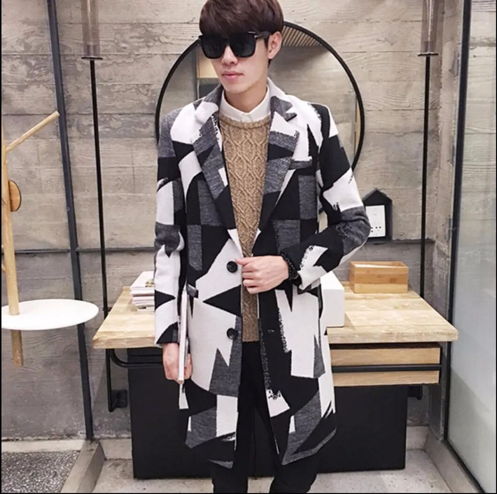 Мужской шерстяной Тренч длинный тонкий с принтом Корейская версия|men wool coat|woolen