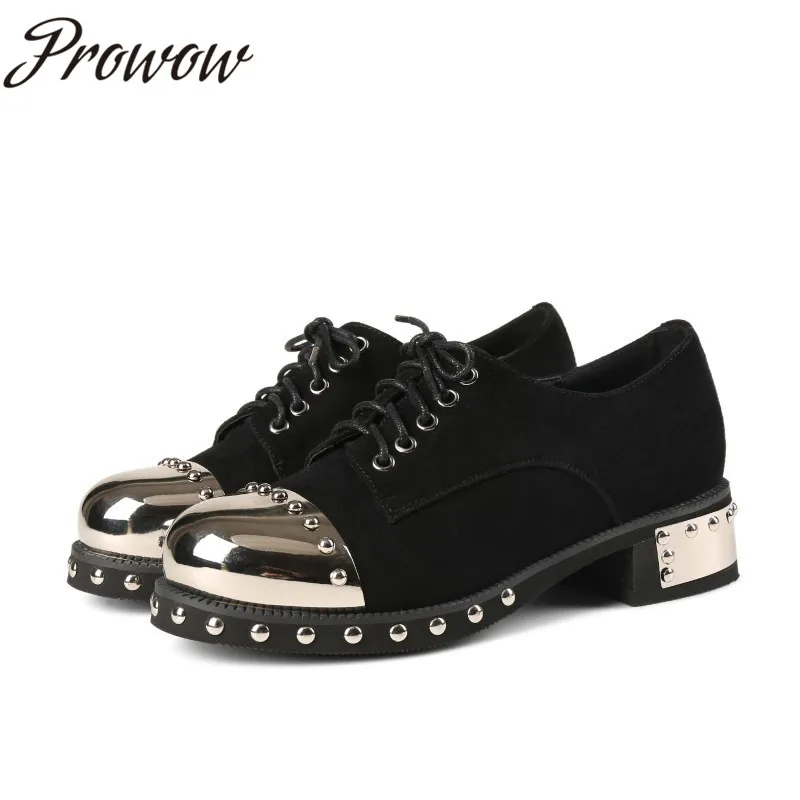 

Prowow New Genuine Leather Metal Studded Punk Leather Shoes Round Toe Lace Up Low Heel Leather Shoes Women