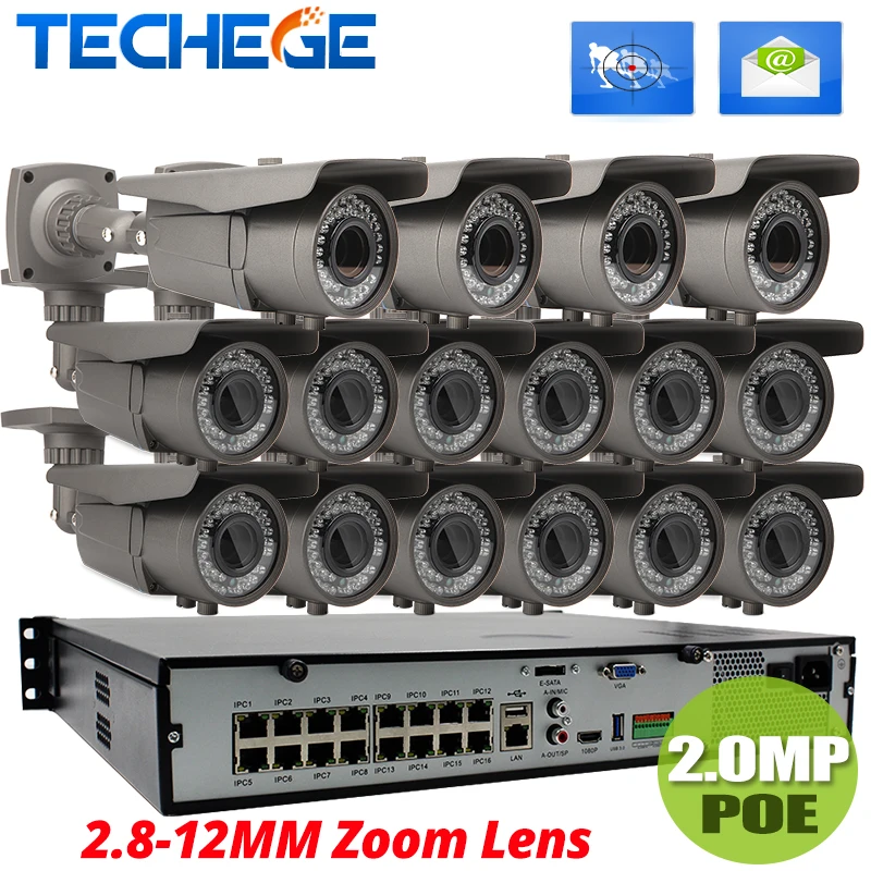 16CH 1080P NVR POE Kit W 16PCS 2.0MP POE IP Camera 2.8-12mm Varifocal Lens CCTV System Onvif/P2P Cloud Supports PC&Mobile View