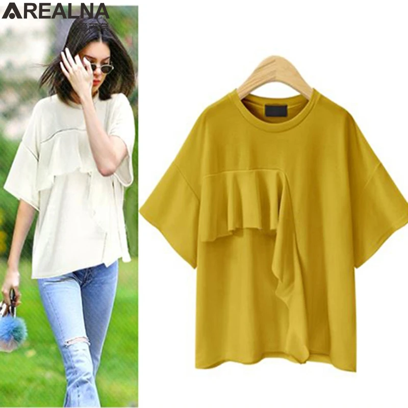 2018 verano casual blanco negro amarillo algodón t-shirt mujeres tops Ruffles Patchwork camiseta Mujer Plus Size 4XL camisetas mujer 2018 verano casual blanco negro amarillo algodón t-shirt mujeres tops Ruffles Patchwork camiseta Mujer Plus Size 4XL camisetas mujer