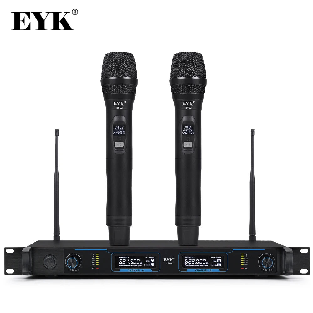 

EYK EFU2 Professional UHF Digital Wireless Microphone with 2 Metal Handhelds Two Channel Cordless System for Party Karaoke Stage