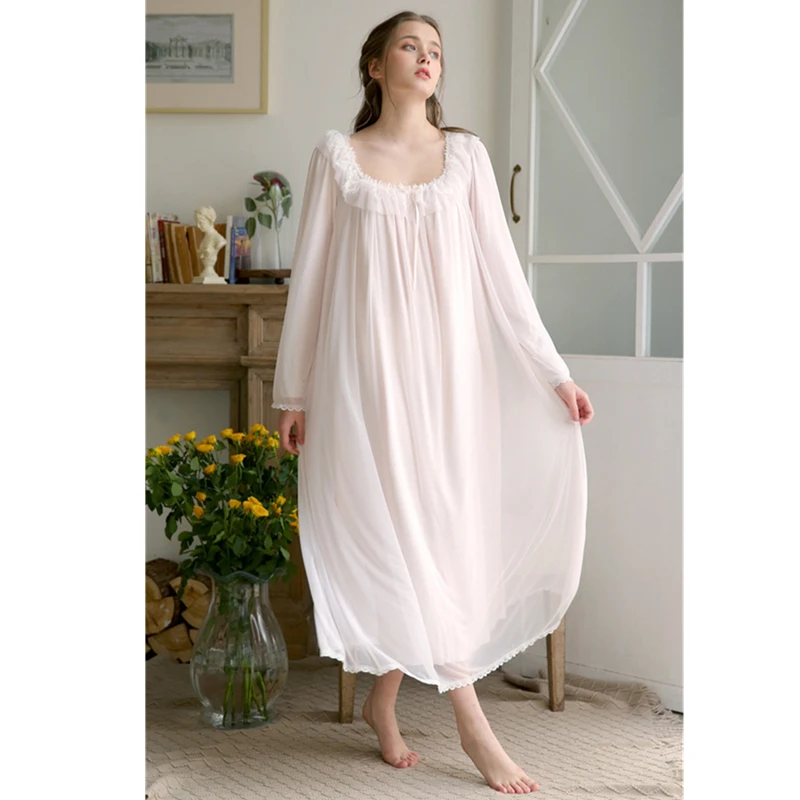 Весенняя ночная рубашка, белое кружевное винтажное длинное платье принцессы с оборками и квадратным воротником, женская одежда для сна, домашний костюм H807