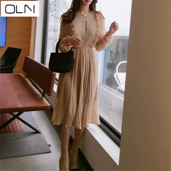 

Korea 2019 new comfortable and elegant very fairy with ruffled retro wave point bottom chiffon dress