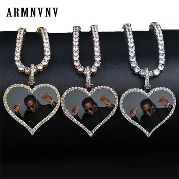 

ARMNVNV Custom Made Photo Heart Medallions Necklace & Pendant with Chain Gold Silver Color Cubic Zircon Men's Hip hop Jewelry
