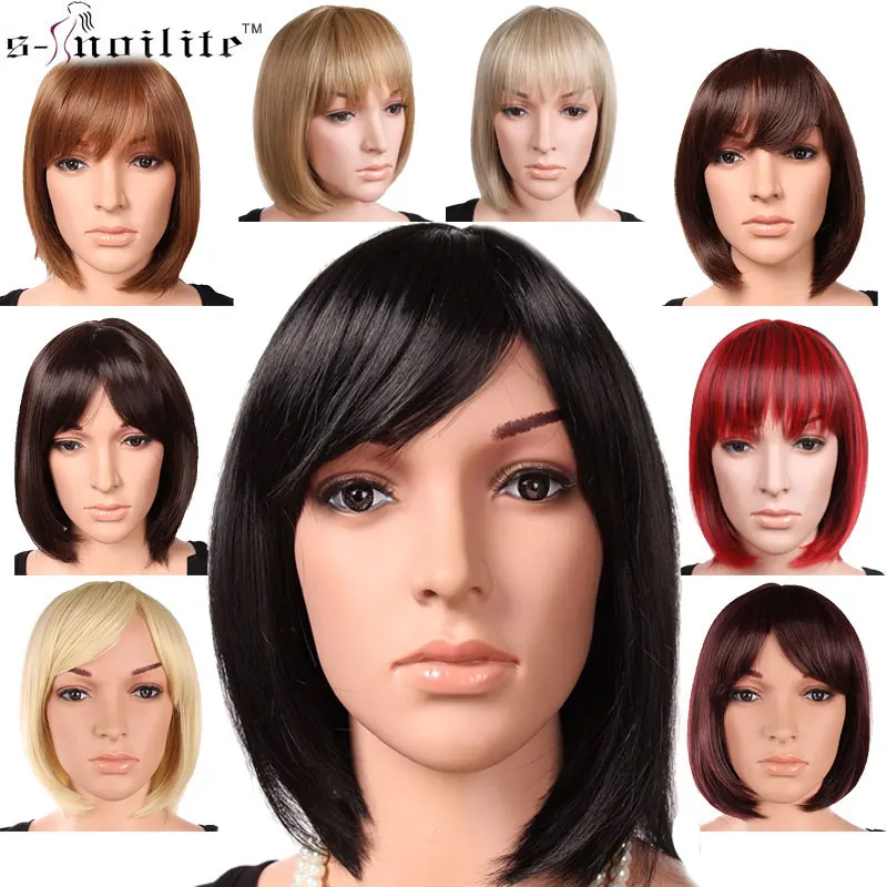 

SNOILITE 12inch Short Straight Hair Synthetic Black Brown 10 color Cosplay Bob Wig Bangs Heat Resistant Women style wigs