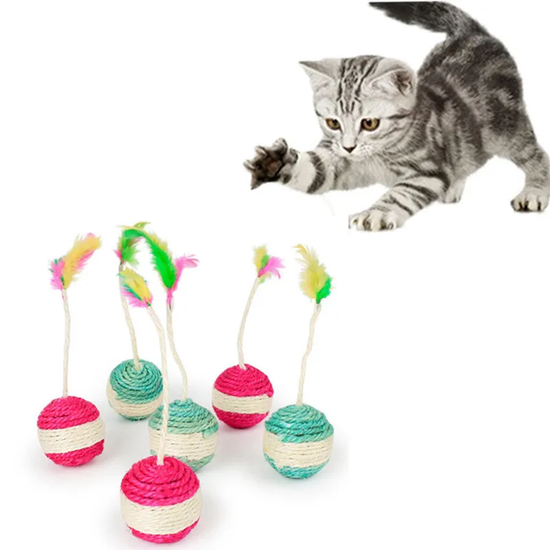 Funny pet cat catching toy with feathers Rolling Sisal cat Kitten Scratching ball Pet Cat Toys