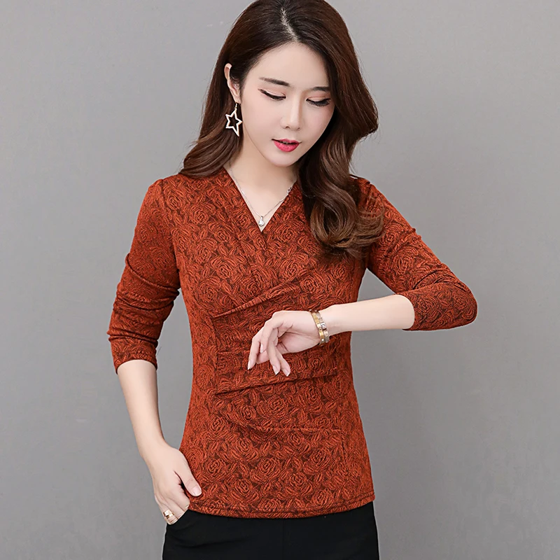  Dingaozlz M-3XL New fashion V neck Women clothing Autumn New jacquard shirt Plus size Lady blouse P