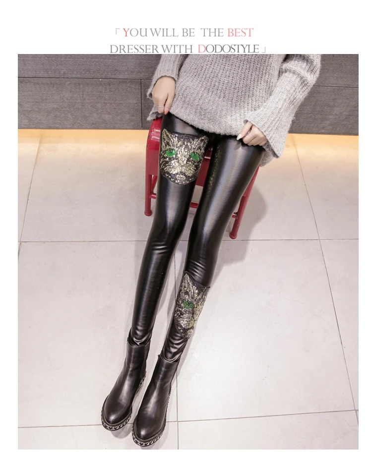 Модные Зимние флисовые матовые леггинсы из искусственной кожи женские узкие брюки с эффектом пуш-ап женские леггинсы с вышивкой кота