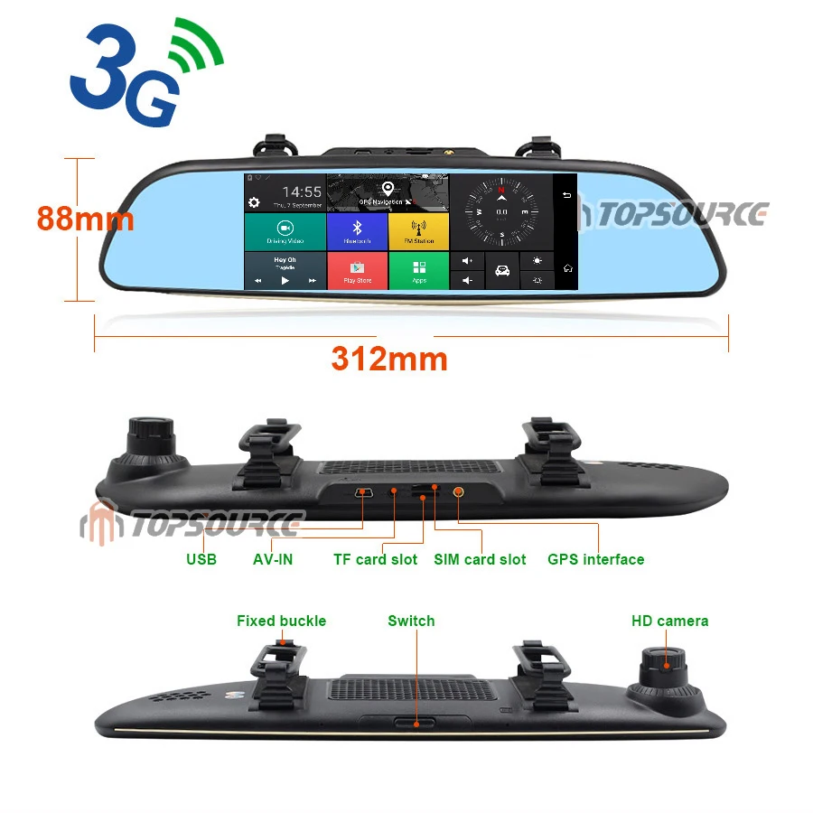 TOPSOURCE 6,8" 3g Автомобильное Зеркало gps Android 5,0 видеорегистратор Full HD 1080P видео рекордер двойная камера DVRs ram 1 ГБ/rom 8 ГБ Регистратор