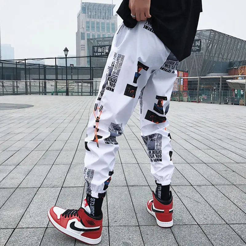 Хип-хоп брюки мужские свободные джоггеры с принтом уличная одежда шаровары одежда брюки длиной до щиколотки - Цвет: Белый