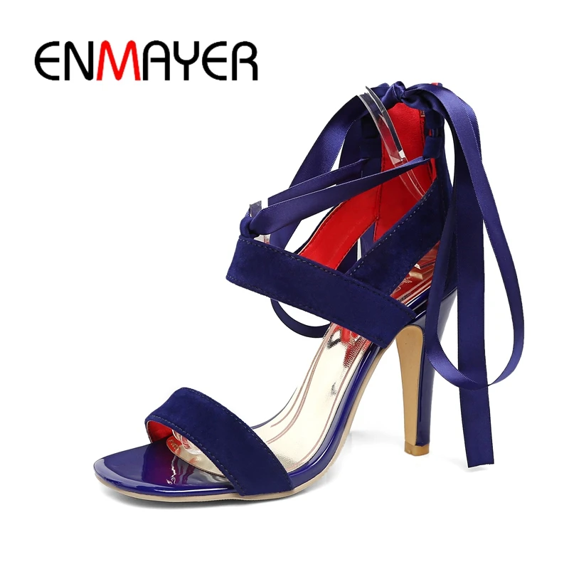 

ENMAYER New style women's purple satin ribbon lace up ankle boots lady high heel open toe high heeled gladiator sandals ZYL204