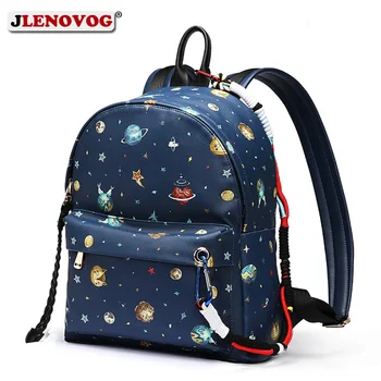 

Girls Star Sky Space Planet Printing PU Backpack Women Big Shoulder BackPacks Dark Blue Faux Leather School bag for Teenagers