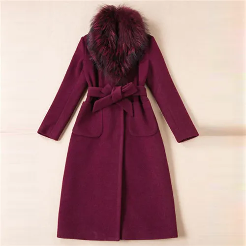Autumn Winter Celebrity High Streen Long Wool Coat Women Woolen Overcoat FUr Collar Solid Blue Coats Wine Red Outerwear Size XL