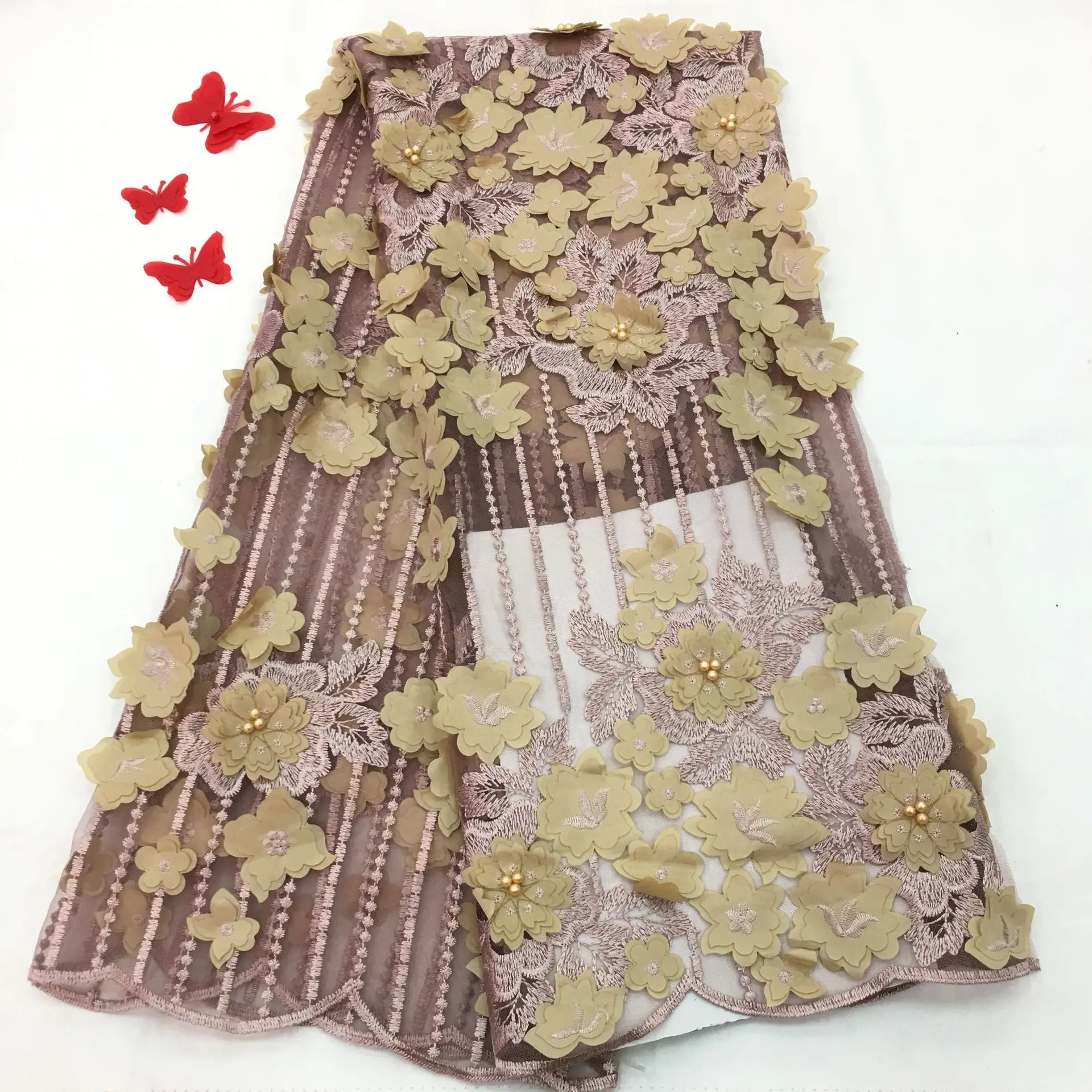 Latest African 3D Flowers Lace Fabric French Tulle Voile Beaded Lace Fabric For Wedding Party Nigerian Bridal Laces Fabric