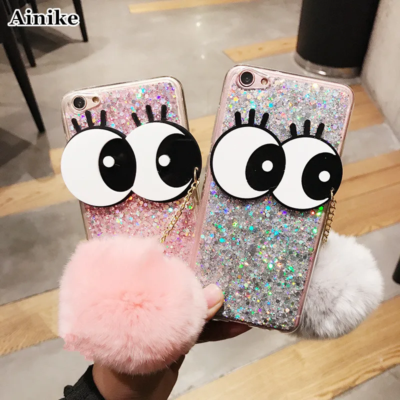 

Ainike Big Eye Soft Warm Furry Ball Tassel Cover Metal Ring Bling Powder Phone Back Case For OPPO R9s R11 Plus A59 A83 A57 F5 A3