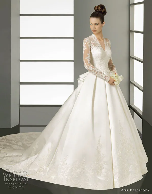 Famous Design Custom White/Ivory Satin Lace Royal Train Long Sleeve Wedding Dress Bridal Gown 2014 | Свадьбы и торжества