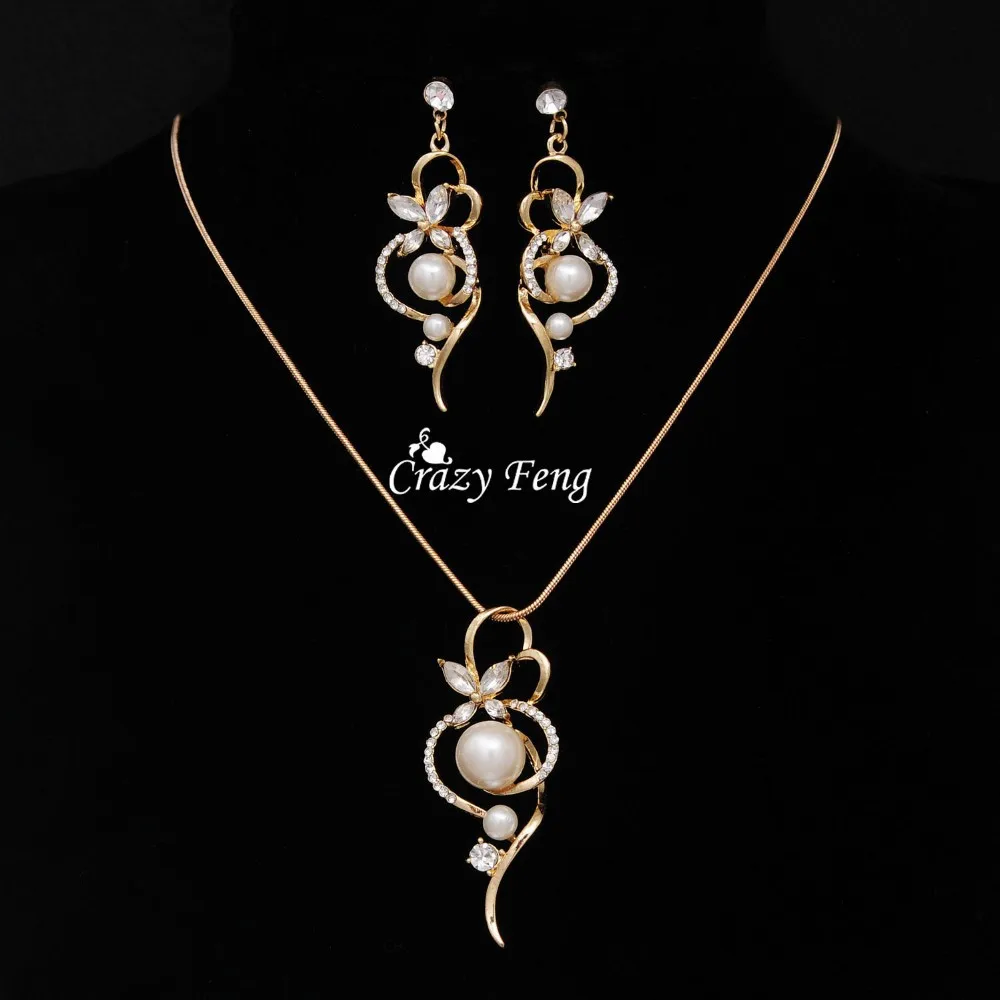 Модный женский комплект ювелирных изделий, ожерелье, серьги позолоченные с жемчугом и кристаллами, свадебные ювелирные изделия
