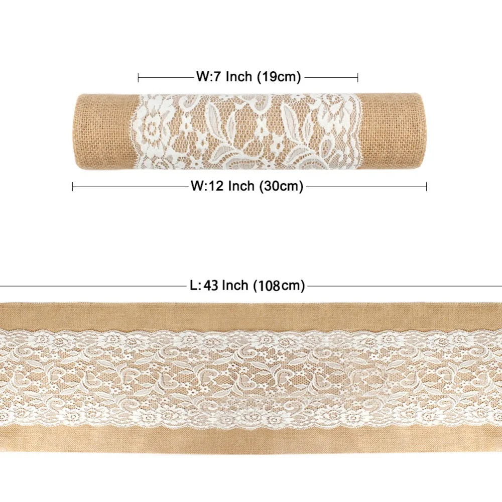 

30x108cm Burlap Table Runners White Lace Edges Table Runner Lace Cloth Dinning Room for Retro Wedding party Accessories
