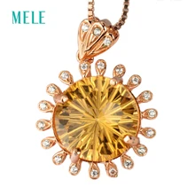 MELE натуральный цитрин серебряный кулон, Круглый 12 мм, темно-желтый цвет, фейерверк резки ремесленник, лучший выбор для подарка