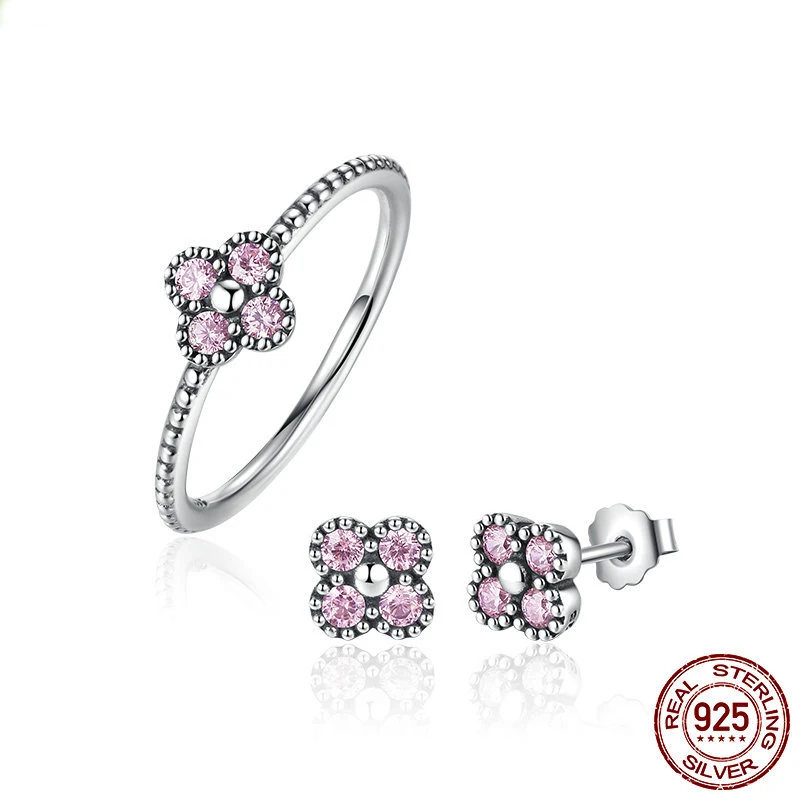 

2 Color 100% 925 Sterling Silve Pink CZ Simple Finger Ring + earrings set for Women 925 silver Women Wedding Luxury Jewelry set