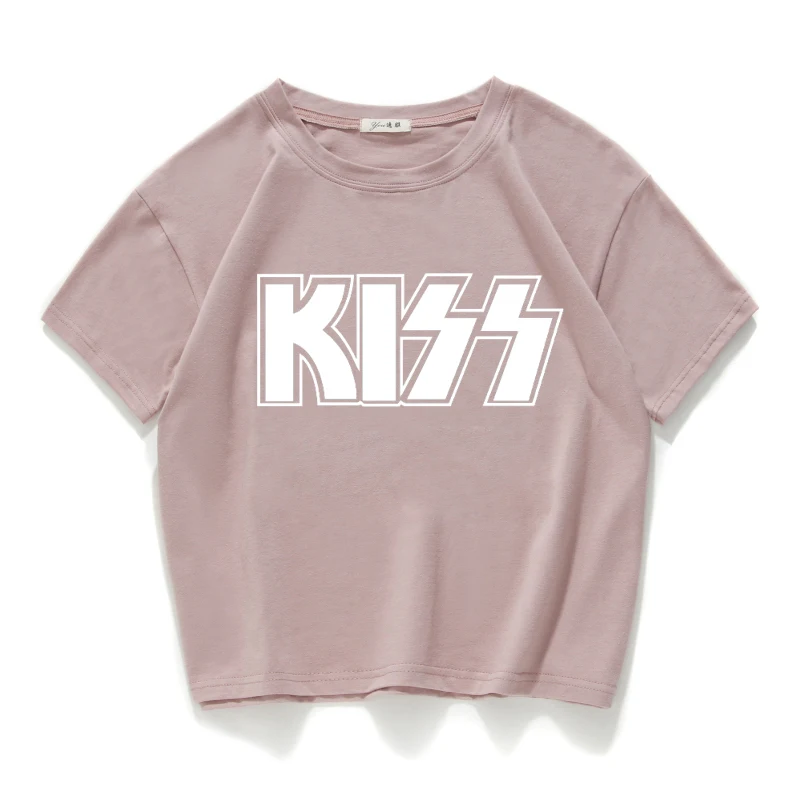 Британская рок-группа Kiss Летняя женская футболка с круглым вырезом, хипстерская хлопковая короткая футболка, Женский Свободный укороченный топ, уличная одежда, женская одежда