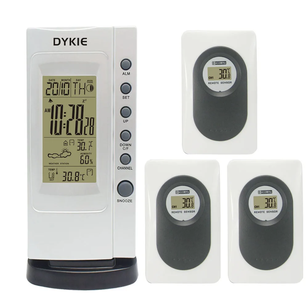

DYKIE Weather Station Clock Silver with Weather Forecast Thermometer Hygrometer Digital Alarm Clock + 3 Remote Transmitters