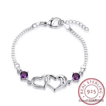 

SMTCAT 925 sterling silver Double Heart Charm Bracelet for Women Fine Jewelry Purple Zirconia Pulseras Wedding Gift