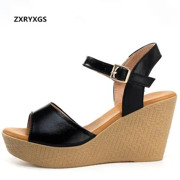 

High Quality Cowhide Summer Women Sandals 2019 New Open Toe Fish Mouth Summer Sandals Women Shoes Comfort Wild Wedges Sandals