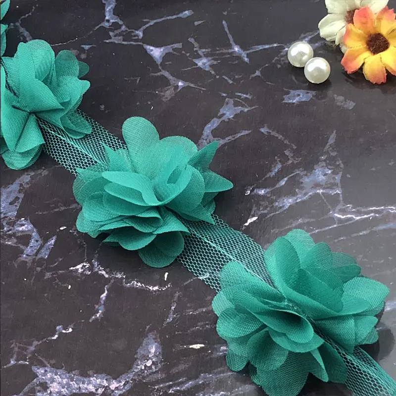 Кружево Цветы Ткань Высокое качество Лидер продаж платье украшения шифон Аппликация Популярные 3D отделка 10 ярдов/рулон швейные принадлежности - Цвет: Lake Green