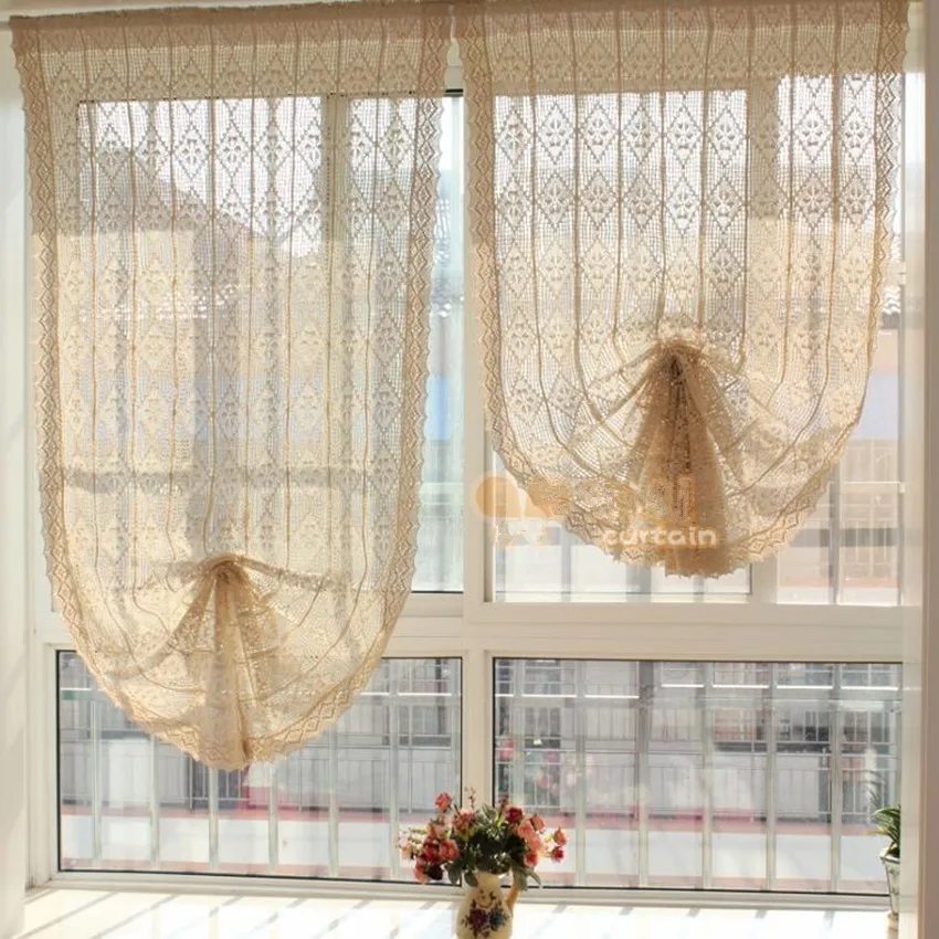 American Countryside Style Beige Handmade Crochet Cotton Curtain Hollow