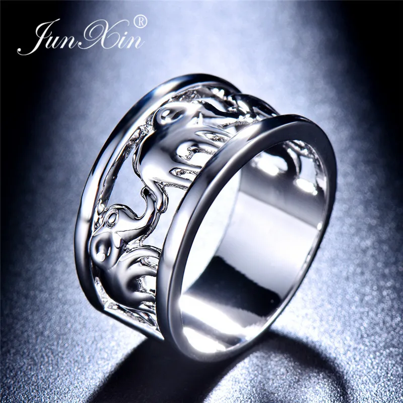 

JUNXIN Wholesale Elephant Rings For Men Women 925 Silver/Gold Filled Wide Big Ring Female Wedding Bands Couple Ring Boho Jewelry