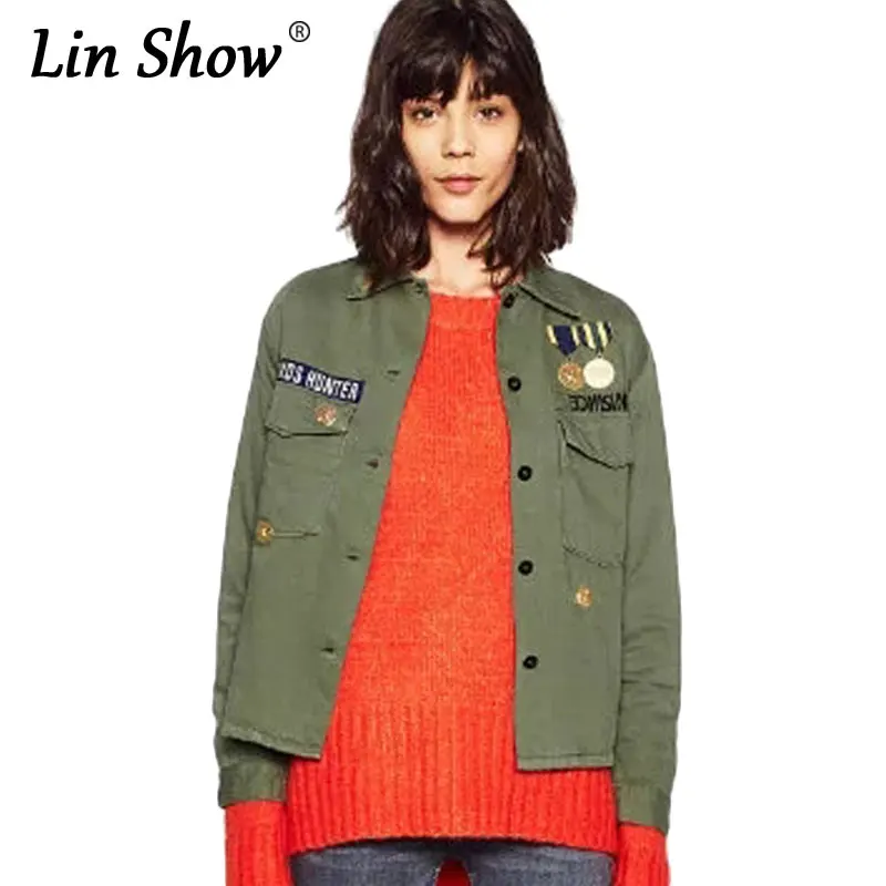LINSHOW Fashion Lapel Military Autumn Ladies Jackets Army Green Letter Patches Women Bomber