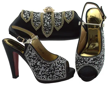 

Hot sale black sandals with purse nice party shoes and bag set with stones for lady FGT002 heel height 12cm