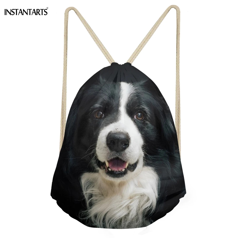 INSTANTARTS Brand Design 3D Cute Dog Print Mini Backpack Border Collie Drawstring Bag Fashion Shouder Bag