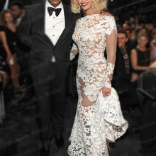 Реальные фотографии платье-Русалка с длинным рукавом с открытой спиной красный ковер Настоящее платье знаменитостей Beyonce носит сексуальное прозрачное белое платье на граммах