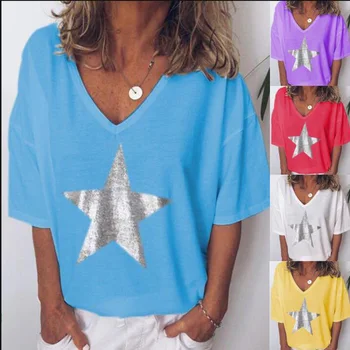 

2019 New Fashion T shirt Women Sequins V-Neck Five-pointed star Tops Tees Female Short Sleeve Street Ladies code S-5XL