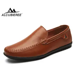 ALCUBIEREE Лето гибкая обувь для вождения мужские дышащие Slip-on Туфли без каблуков Лоферы ручной работы кожаные водонепроницаемые Мокасины