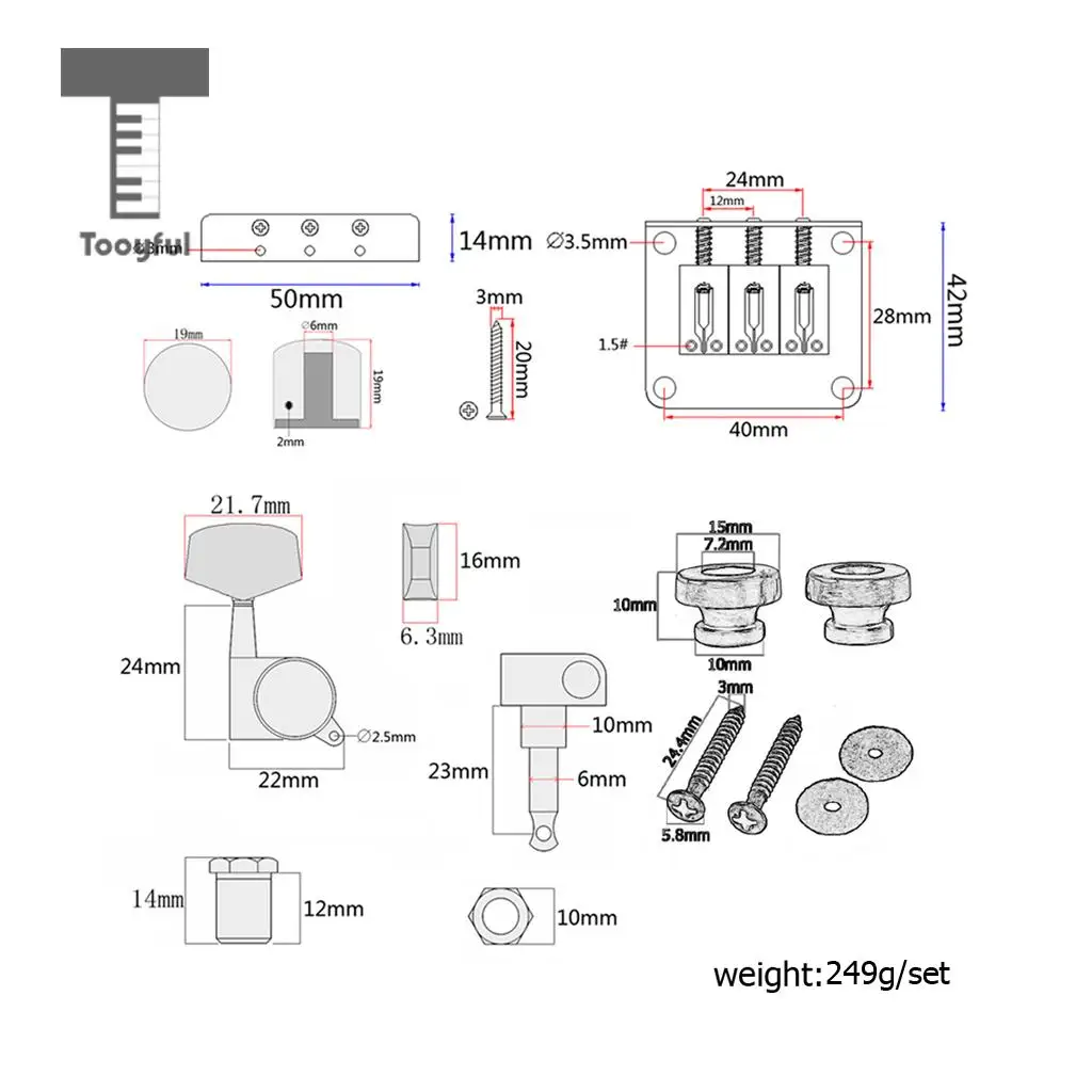 Tooyful Durable 1 Set Alloy 3 String Cigar Box Guitar Replacement Bridge with Tuning Pegs Control Knob Strap Lock Luthier Tools